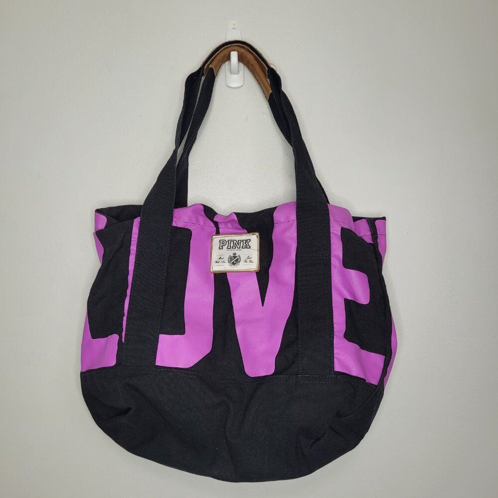 Y2K Victoria’s Secret PINK Canvas Tote weekender overnight bag black magenta - Picture 2 of 6